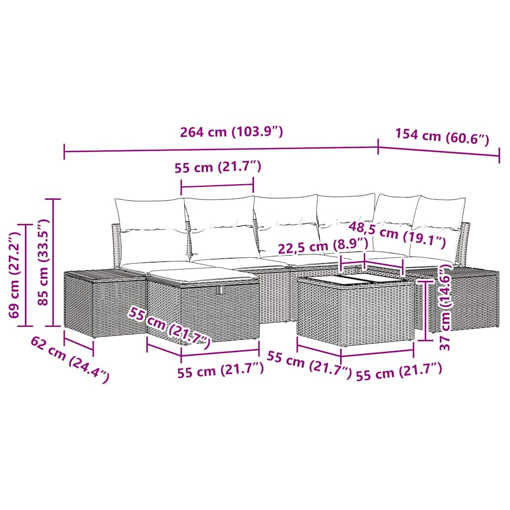 vidaXL Σετ Σαφών Κήπου 7 κομματιών με Μαξιλάρια Μαύρο Πολυ-ρατάν