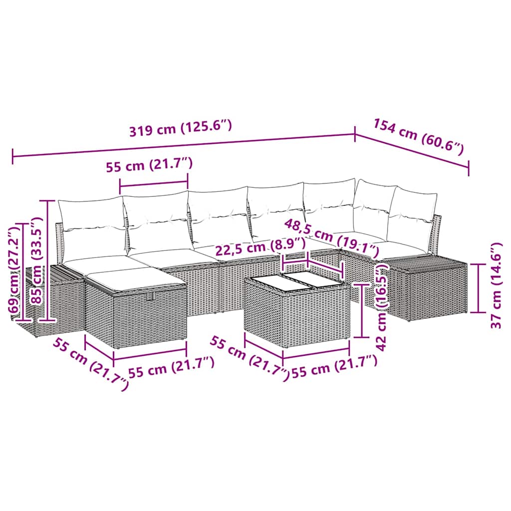 vidaXL Σετ 8 Τμημάτων Σαλονιού Κήπου με Μαξιλάρια Καφέ Πολυ Ρατάν