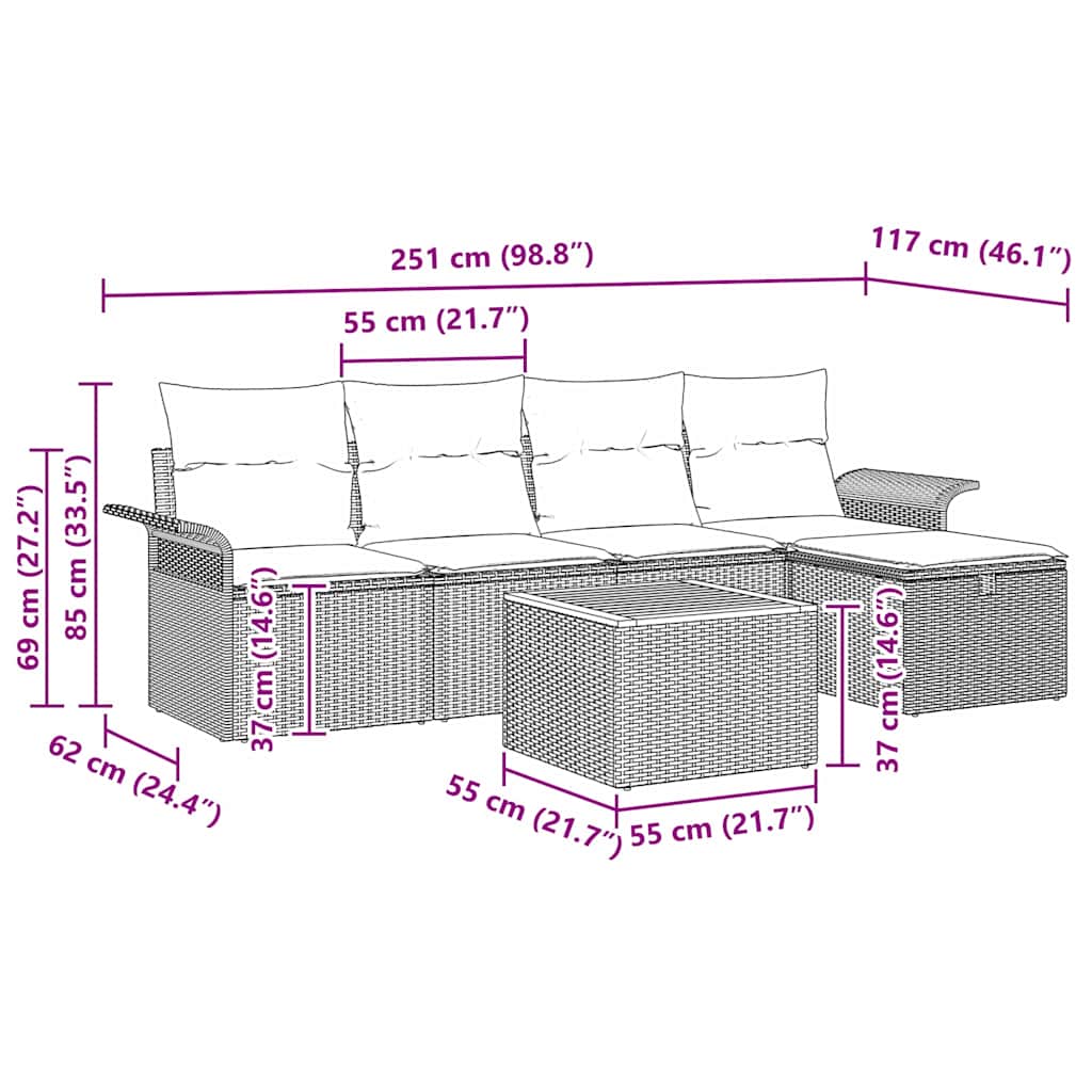 vidaXL Σετ καναπέ κήπου 6 τεμαχίων με μαξιλάρια μπεζ πολυ ρατάν