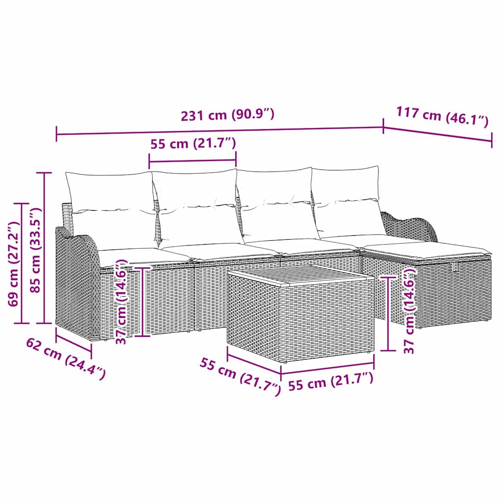 Σετ Σαλονιού 6 Τεμαχίων vidaXL Κήπου με Μαξιλάρια Μπεζ Πολυ Ρατάν