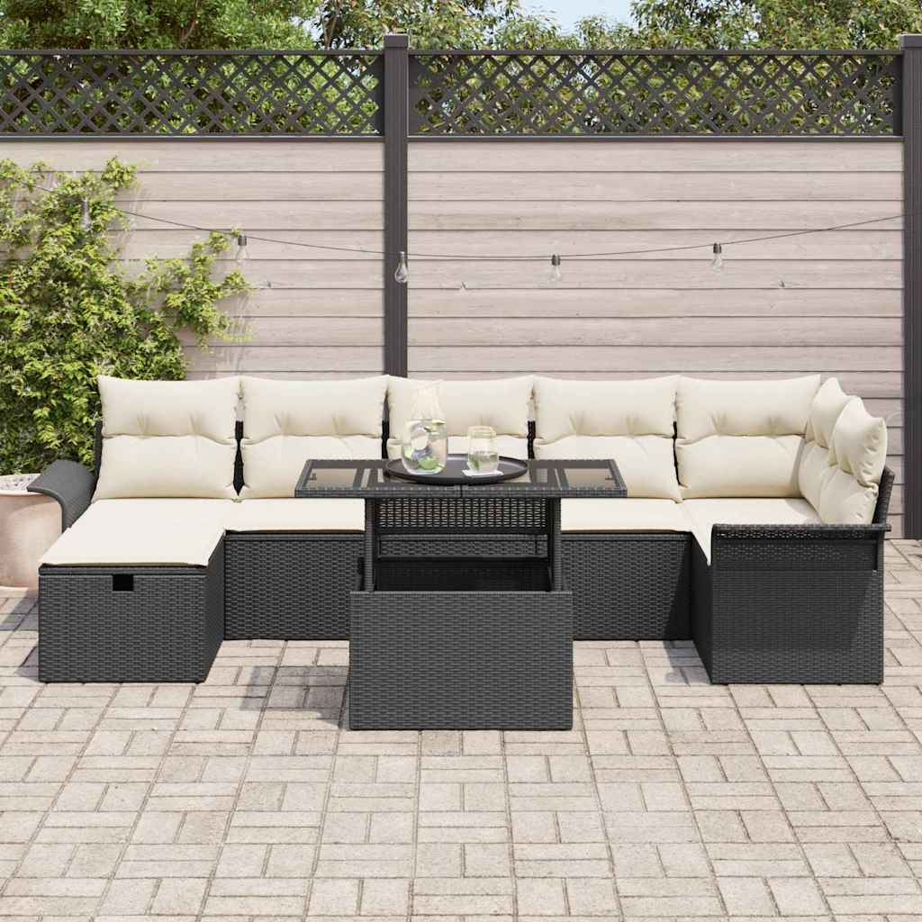 vidaXL Σετ κήπου 8 κομματιών με μαξιλάρια Black Poly Rattan