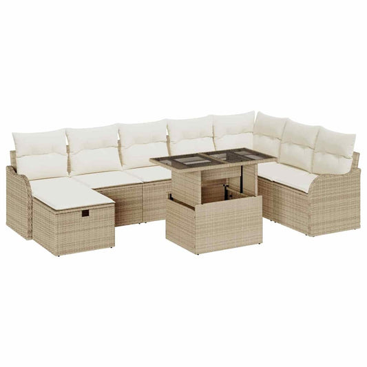 vidaXL Σετ Καναπέ Κήπου με μαξιλάρι 9 pcs Μπεζ Πολυ ράταν