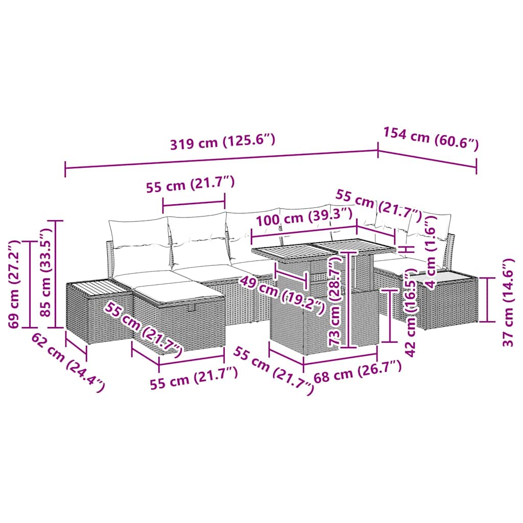 vidaXL Σετ 8 Τεμαχίων Σαλονιού Κήπου με Μαξιλάρια Μπεζ Πολυ Ρατάν