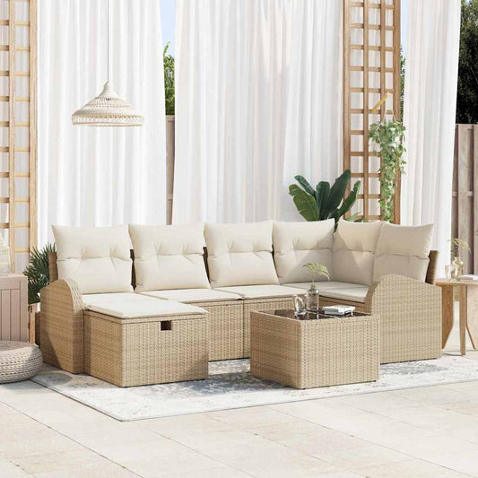 vidaXL Σετ Καναπέ Κήπου με μαξιλάρι 7 pcs Μπεζ Πολυ ράταν