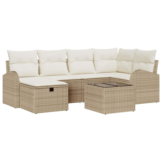 vidaXL Σετ Καναπέ Κήπου με μαξιλάρι 7 pcs Μπεζ Πολυ ράταν