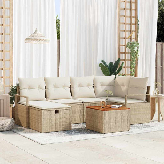 vidaXL Σετ Καναπέ Κήπου με μαξιλάρι 7 pcs Μπεζ Πολυ ράταν