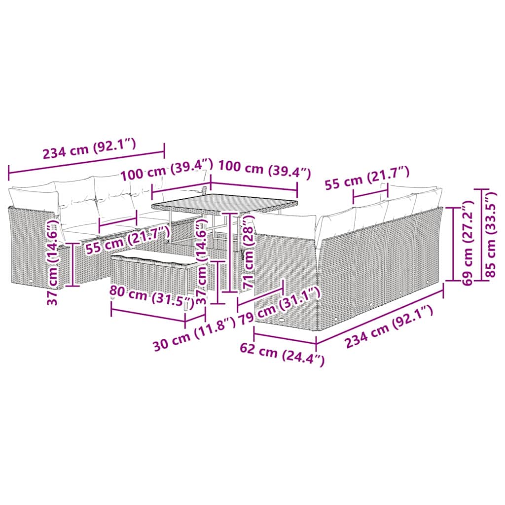 vidaXL Σετ Καναπέ Κήπου 11 τεμαχίων με Μαξιλάρια Μαύρο Πολυ Ρατάν Ακακία