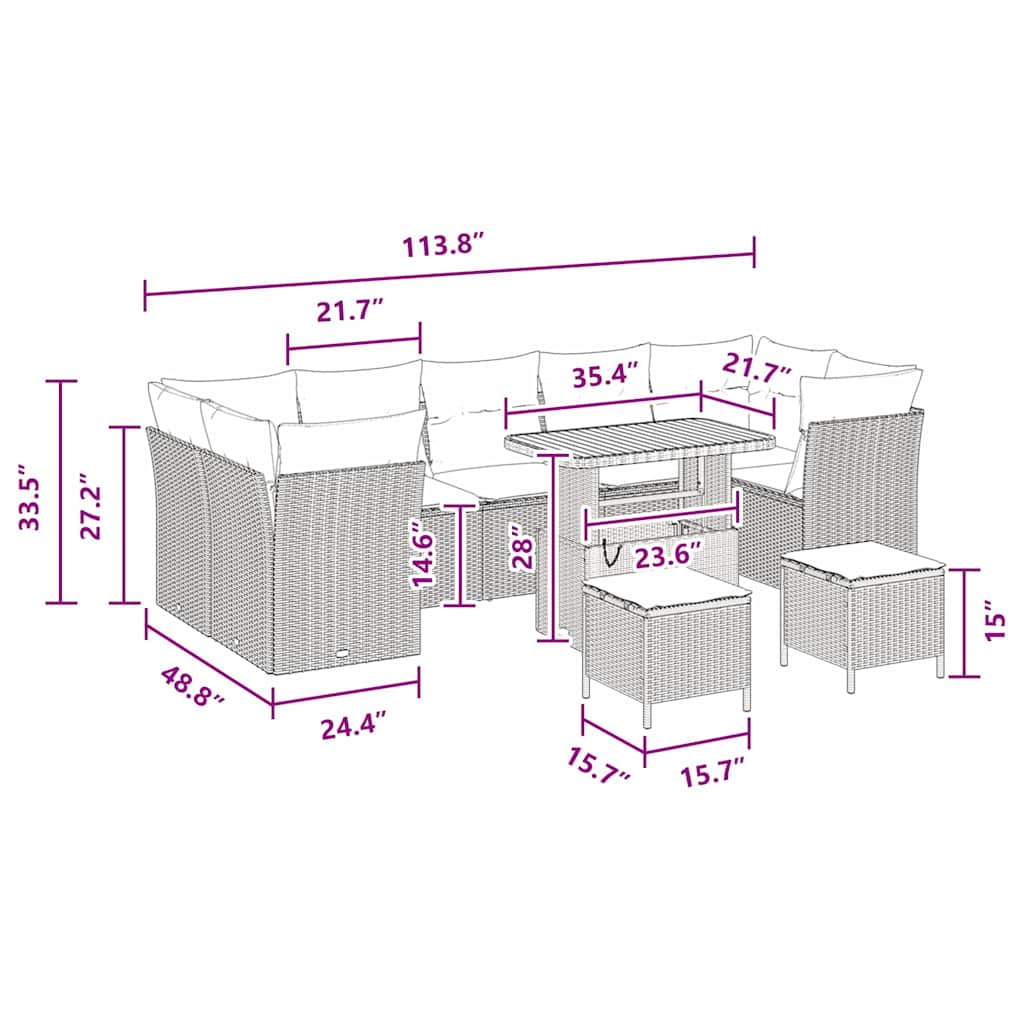 10 κομματιών σετ σαλονιού κήπου με μαξιλάρια Μαύρη Πολυ Ράτα Ακακία