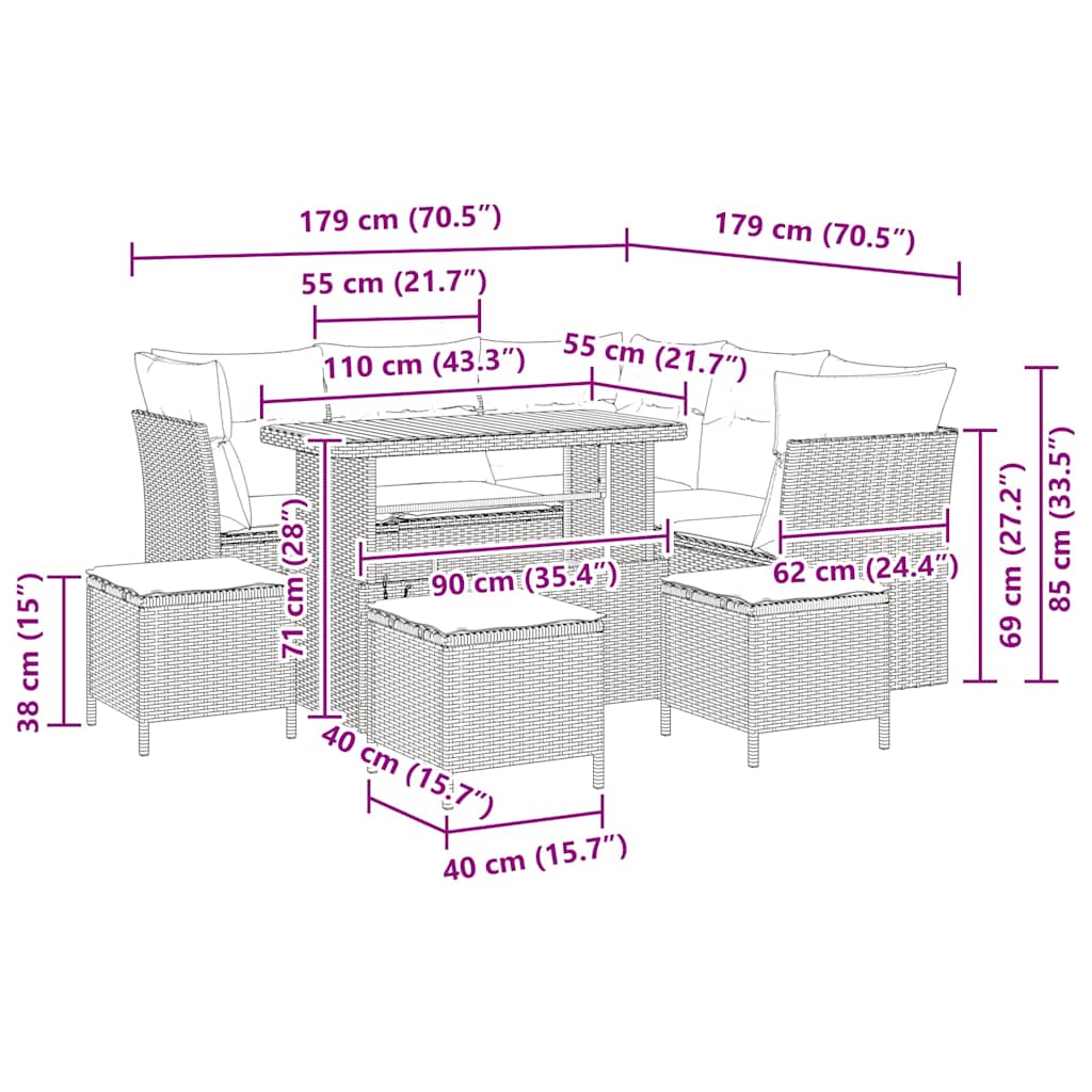 vidaXL 9 Τεμαχίων Σαλονάκι Κήπου με Μαξιλάρια Μαύρο Πολυ Ρατάν Ακακία