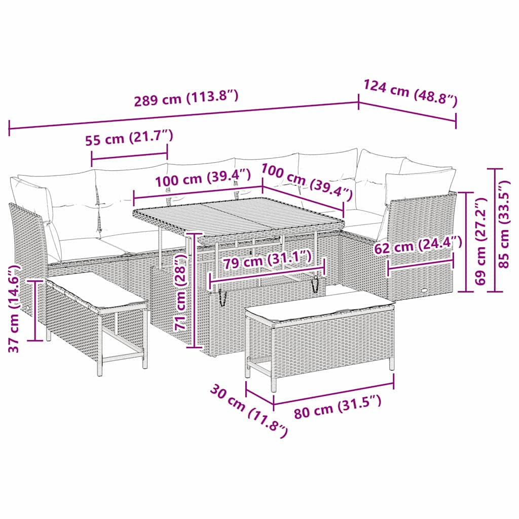 vidaXL Σετ Κήπου 9 Τεμαχίων με Μαξιλάρια Μπεζ Πολυ Ρατάν Ακακία
