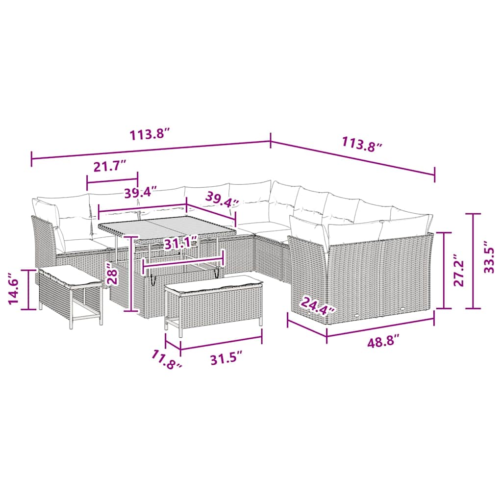 Σετ 13 Τεμαχίων Καναπέ Κήπου με Μαξιλάρια Μαύρο Συνθετικό Ρατάν Ακακία