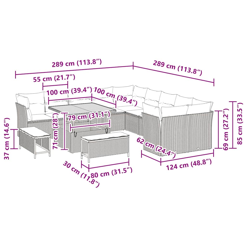 Σετ καναπέ κήπου 13 τεμαχίων με μαξιλάρια Μπεζ Πολυρότρι Ακακία