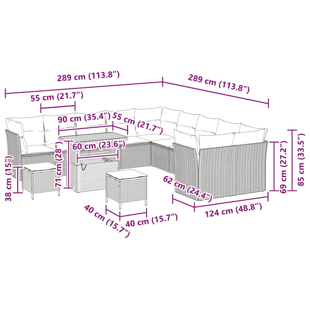 σετ σαλονιού 13 κομματιών με μαξιλάρια Μαύρο Πολυ Ρατάν Ακακία