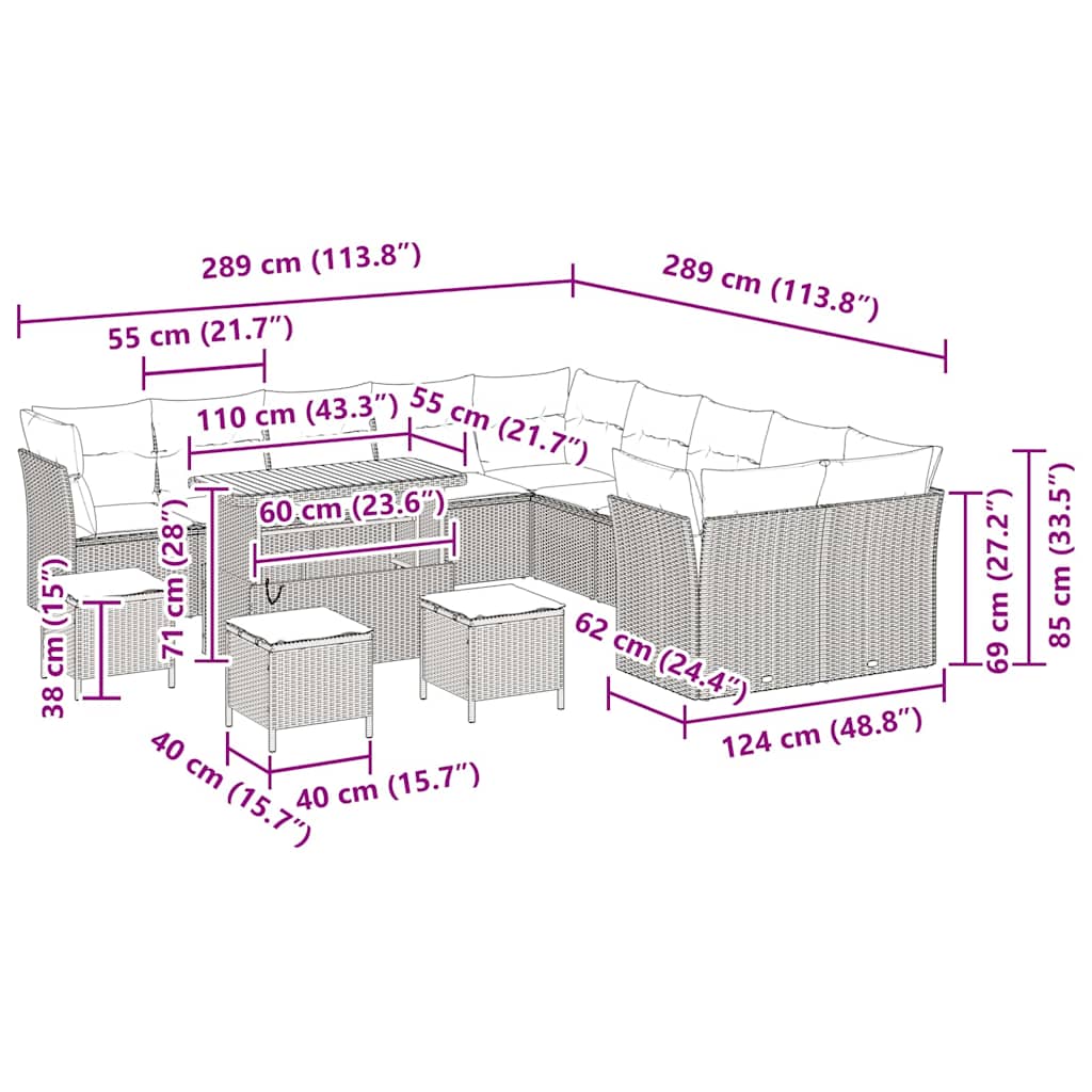 Σετ Σοφίτας Κήπου 14 κομματιών με Μαξιλάρια Γκρι Συνθετικό Ράτα Ακακία