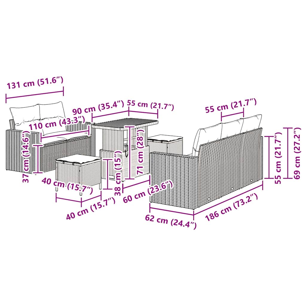 Σετ 8 Κομματιών Καναπέ Κήπου με Μαξιλάρια Γκρι Πολυ Ρατάν Ακακία, Σετ 3 Κομματιών Καναπέ Κήπου με Μαξιλάρια Γκρι Πολυ Ρατάν Ακακία