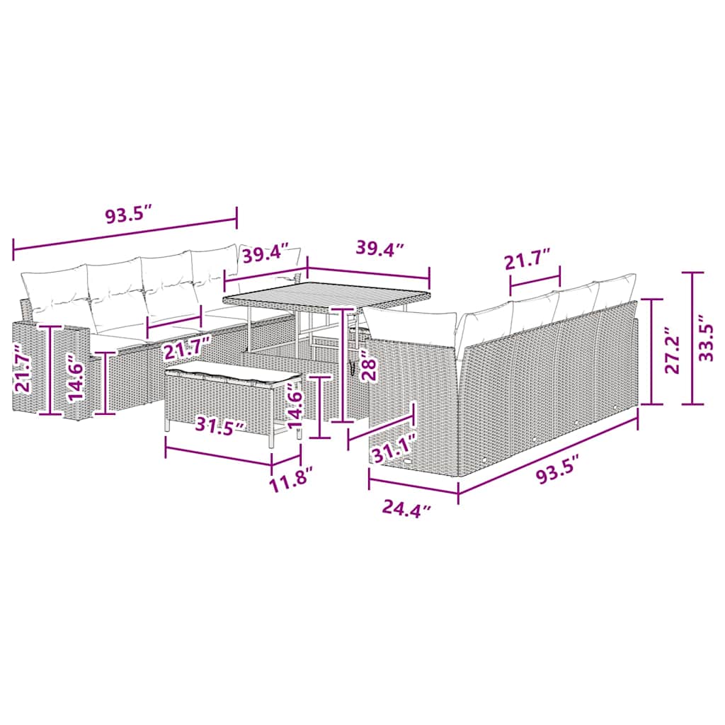 vidaXL 11 Τεμαχίων Σετ Σαλονιού Κήπου με Μαξιλάρια Μαύρο Πολυ Ράτανα Ακακία