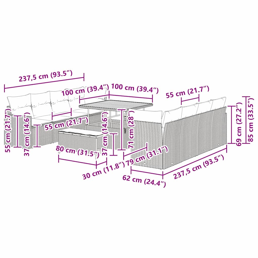 vidaXL Σετ Καθιστικού Κήπου 11 Τεμαχίων με Μαξιλάρια Μπεζ Πολυ Ρατάν Ακακία