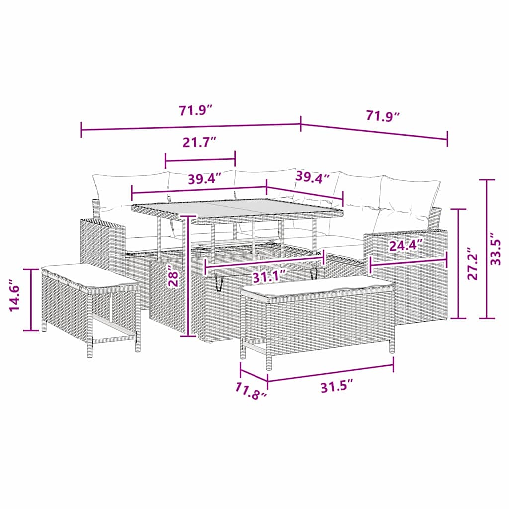 vidaXL Σετ Κήπου 8 Τεμαχίων με Μαξιλάρια Μαύρο Πολυ Ρατάν Ακακία
