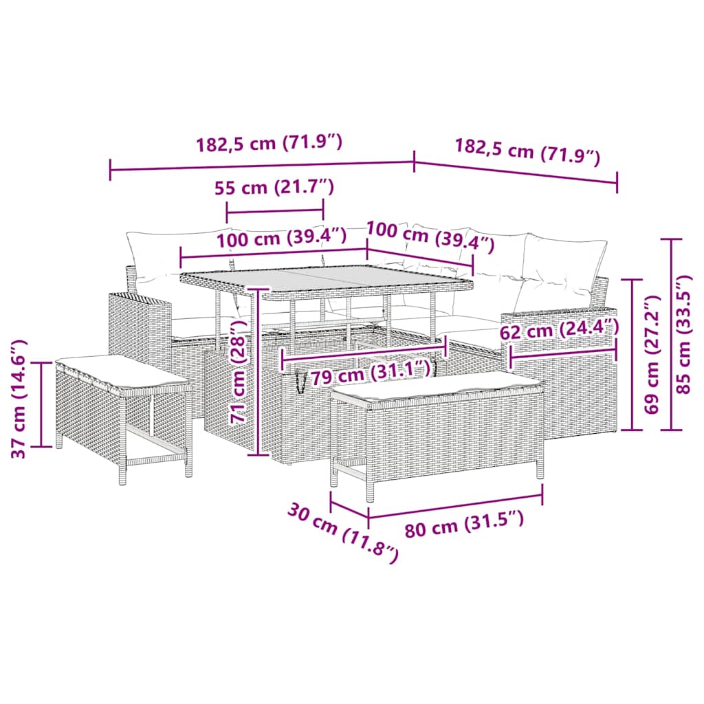 vidaXL Σετ 8 Τεμαχίων Καναπέ Κήπου Με Μαξιλάρια Γκρι Πολυ Ράταν Ακacia
