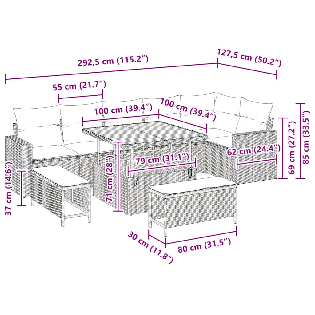 vidaXL 9 Τεμαχίων Σετ Καναπέ Κήπου Με Μαξιλάρια Γκρι Συνθετικός Ράταν Ακακία