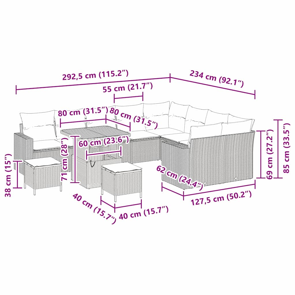 Σετ 12 Τεμαχίων Κήπου με Μαξιλάρια Μαύρο Πολυ Ρατάν Ακακία