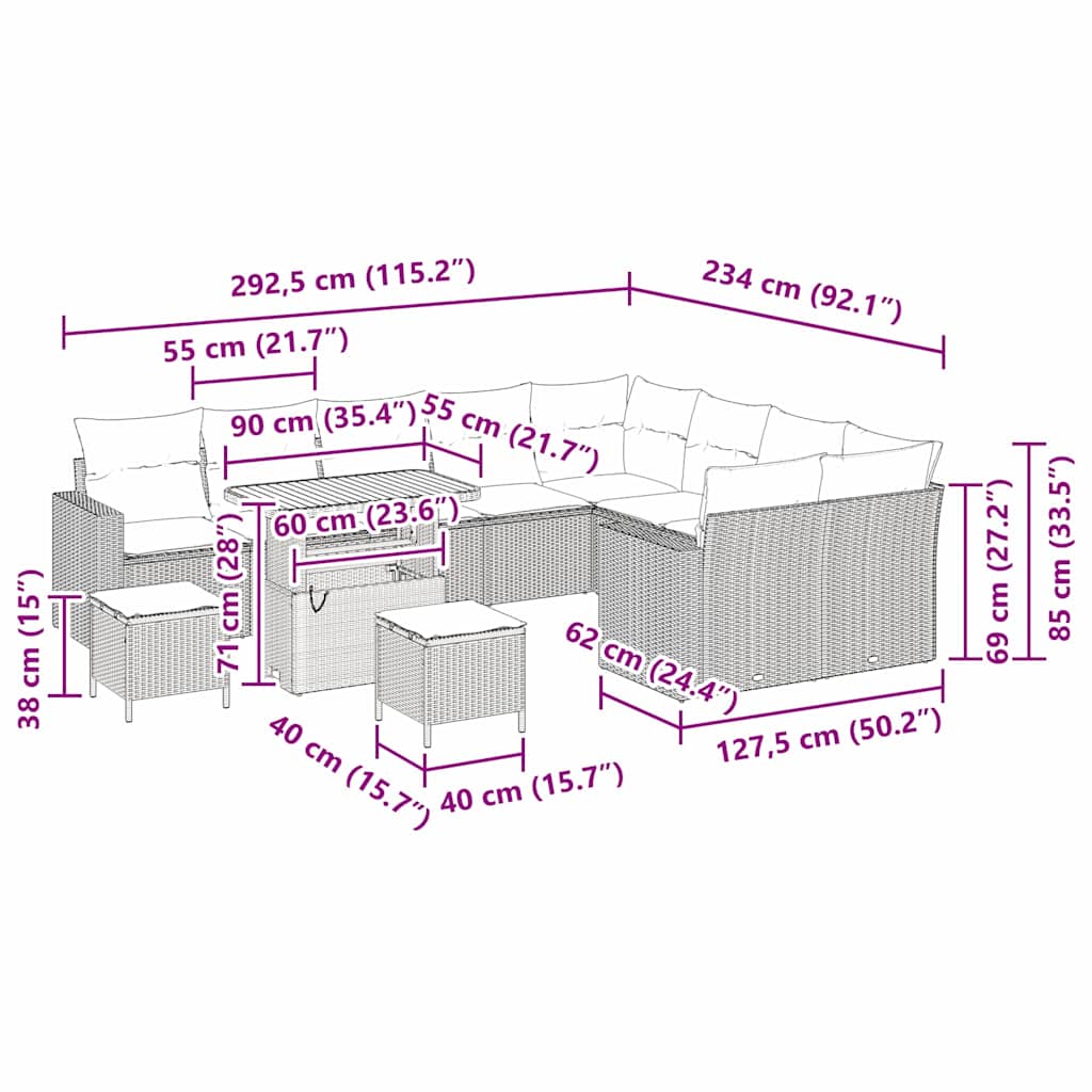 vidaXL Σετ Καθισμάτων Κήπου 12 Τεμαχίων με Μαξιλάρια Μαύρο Πολυ Ρατάν Ακακία