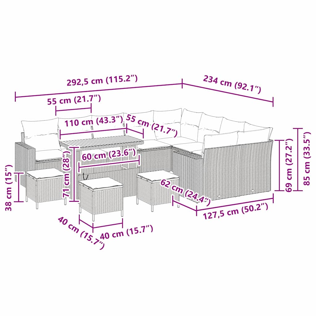 Σετ Σαλονιού 13 Τεμαχίων Κήπου με Μαξιλάρια Γκρι Πολυ Ρατάν Ακακίας