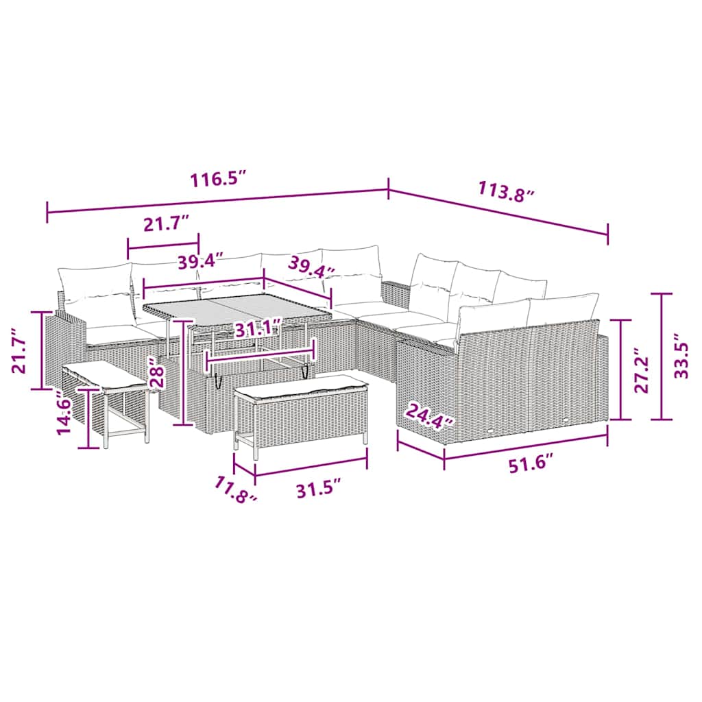 Σετ καναπέδων κήπου 13 τεμαχίων με μαξιλάρια μαύρο πολυ ράταν ακακία