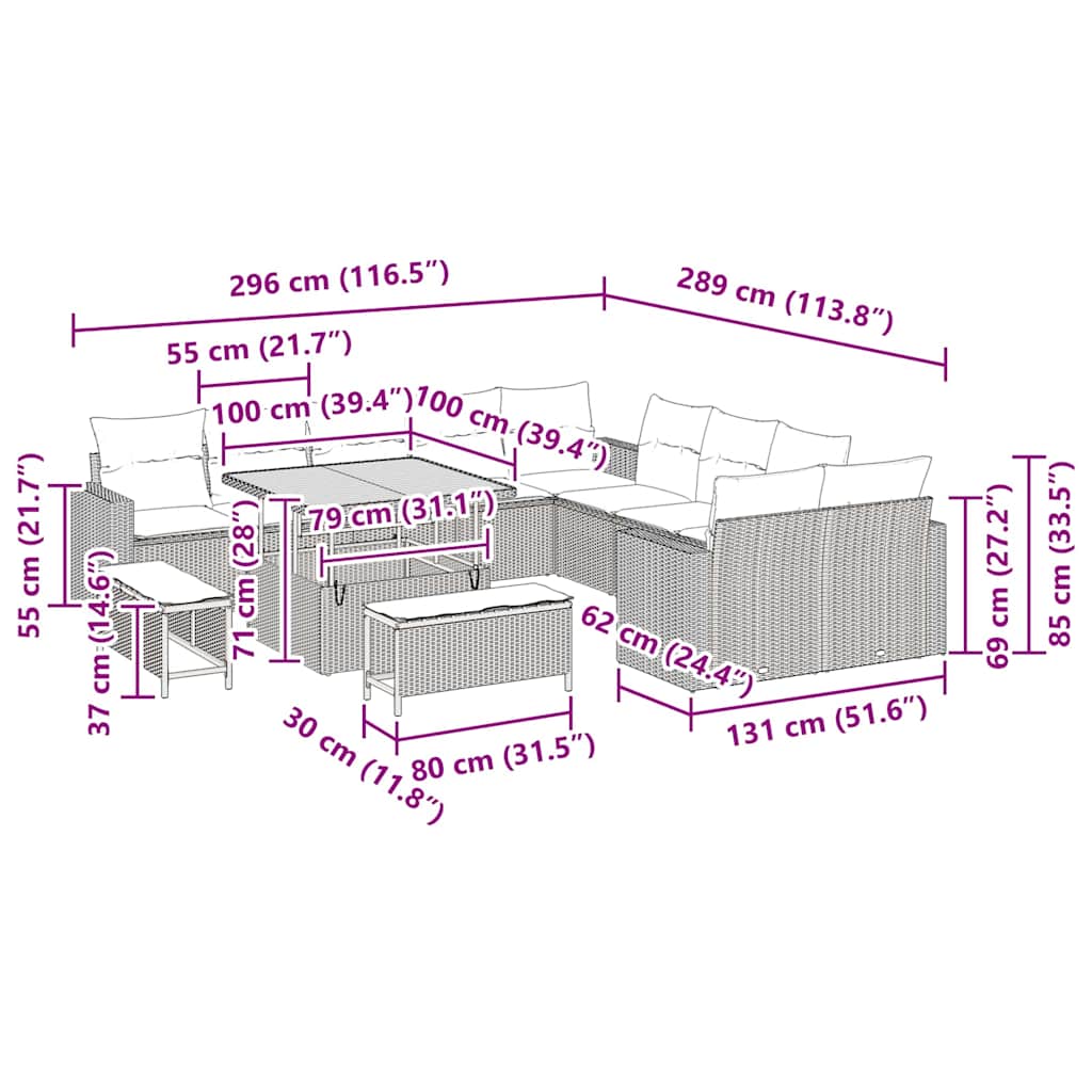 vidaXL Σετ Καναπέ Κήπου 13 Τεμαχίων με Μαξιλάρια Γκρι Πολυ Ρατάν Ακακίας
