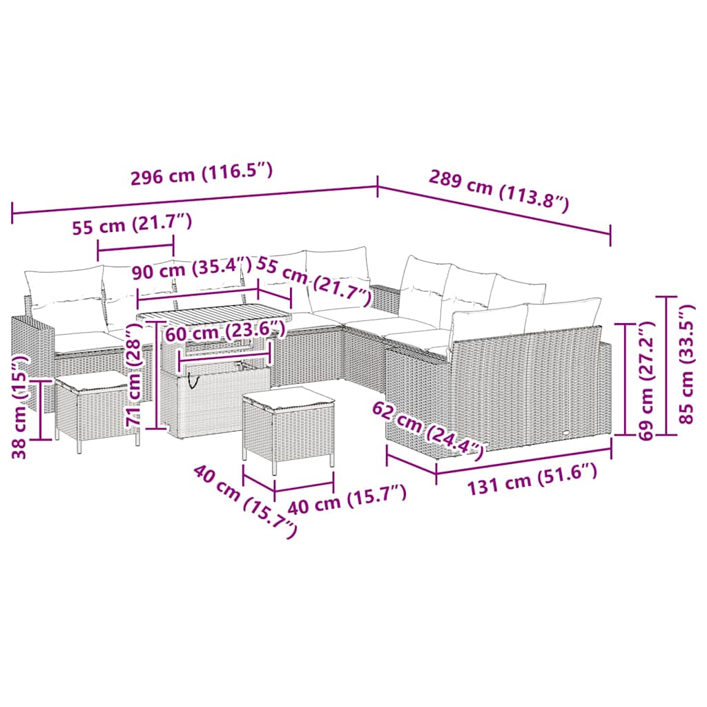 vidaXL Σετ Σαλονιού Κήπου 13 τεμαχίων με Μαξιλάρια Μαύρο Πολυ Ρατάν