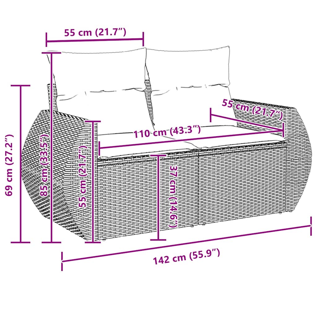 vidaXL 8 Τεμαχίων Σετ Καναπέ Κήπου Με Μαξιλάρια Γκρι Πολυ Ρατάν Ακακία