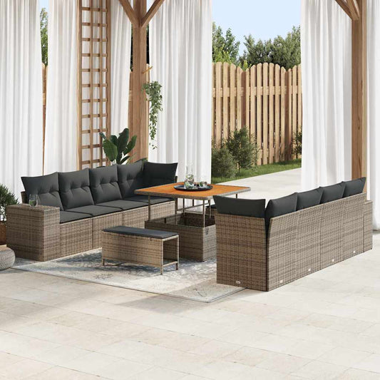 vidaXL 11 κομμάτια σετ καναπέ κήπου με μαξιλάρια γκρι πολυ ρατάν ακακία