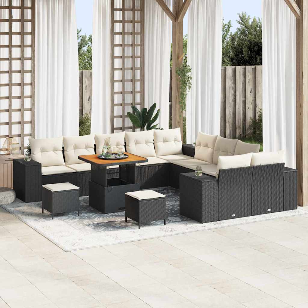 Σετ 13 κομματιών Καθιστικού Κήπου με Μαξιλάρια Μαύρο Πολυ Ρατάν Ακακία, Σετ 3 κομματιών Καθιστικού Κήπου με Μαξιλάρια Μαύρο Πολυ Ρατάν Ακακία