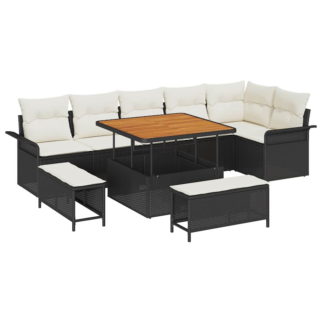 vidaXL 9 Τεμαχίων Σετ Σαλονιού Κήπου με Μαξιλάρια Μαύρο Πολυ Ρατάν Ακακία