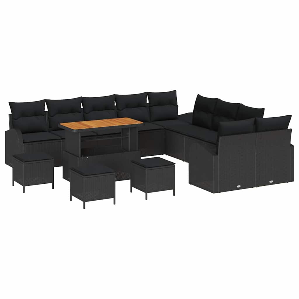 Set Καναπέ Κήπου vidaXL 14 Τεμαχίων με Μάξιλα Μαύρο Συνθετικό Ρατάν Ακακία
