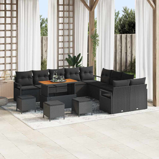vidaXL 14 Piece Garden Sofa Set with Cushions Black Poly Rattan Acacia