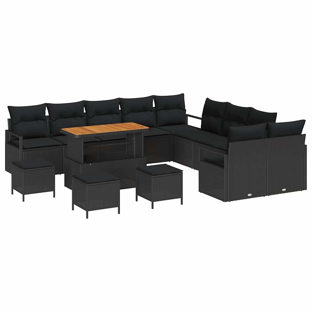 vidaXL 14 Piece Garden Sofa Set with Cushions Black Poly Rattan Acacia