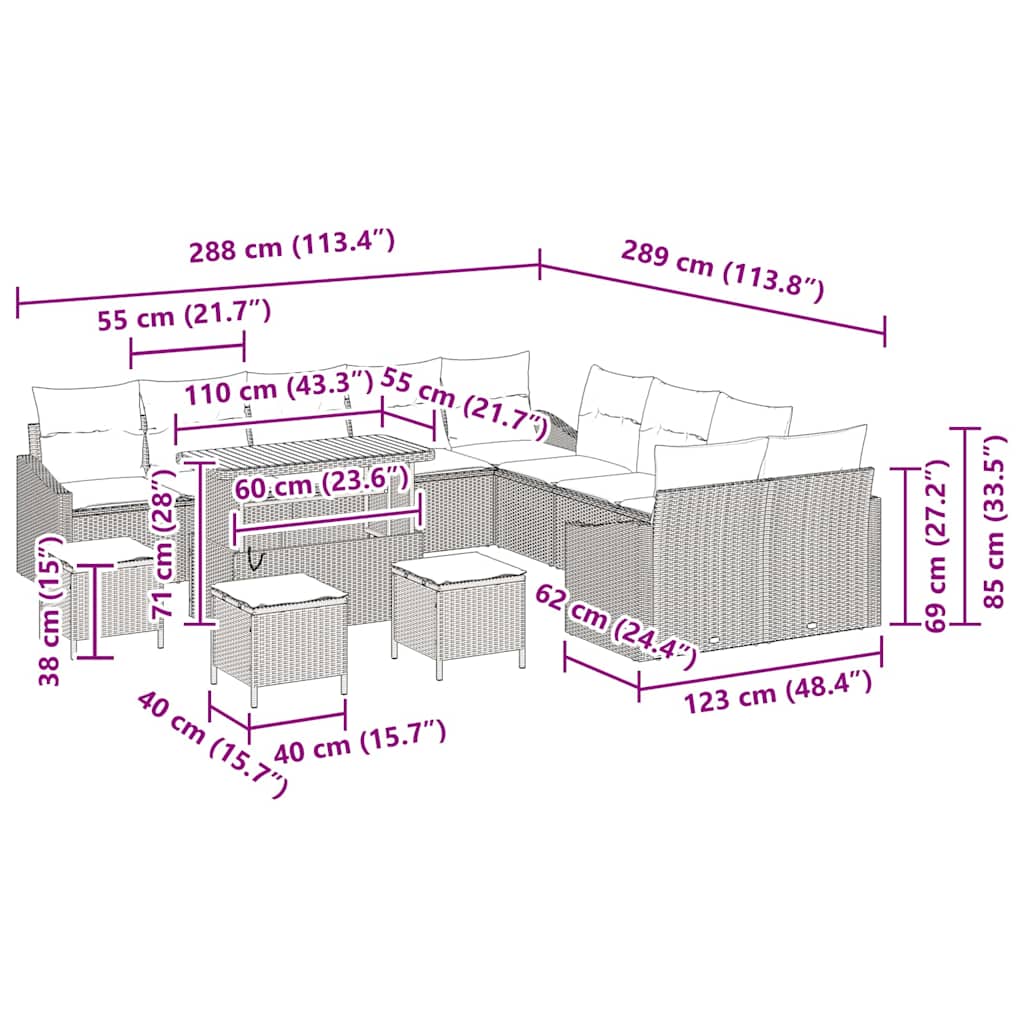 vidaXL Σετ Καναπέ Κήπου 14 Τεμαχίων Με Μαξιλάρια Γκρίζου Πολυ Ρατάν Ακακίας
