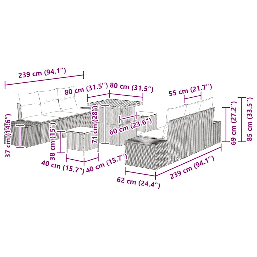 vidaXL Σετ 9 Κομματιών Καναπέ Κήπου Με Μαξιλάρια Μπεζ Πολυεστερικό Ρατάν Ακακία