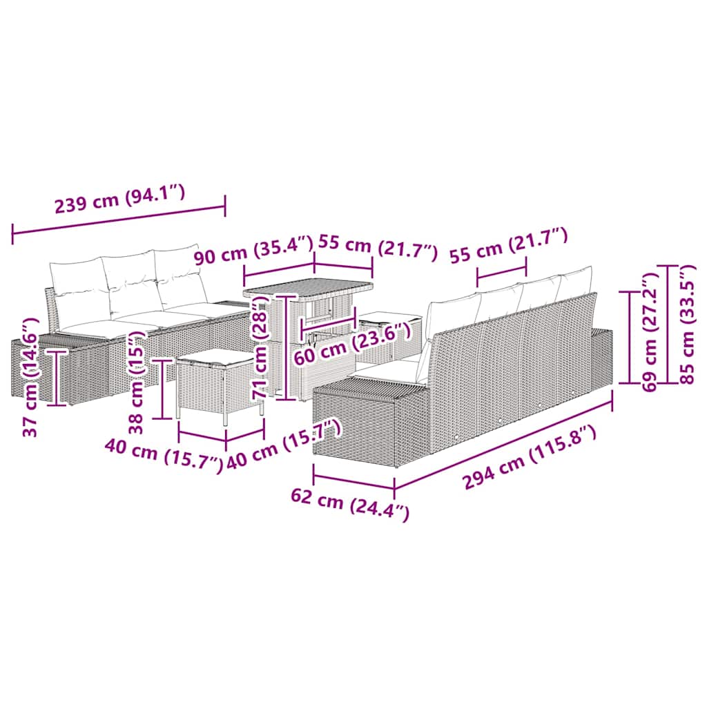 vidaXL Σετ Καθιστικού Κήπου 10 Τεμαχίων με Μαξιλάρια Μαύρο Πολυεστερικό Ρατάν Ακακία