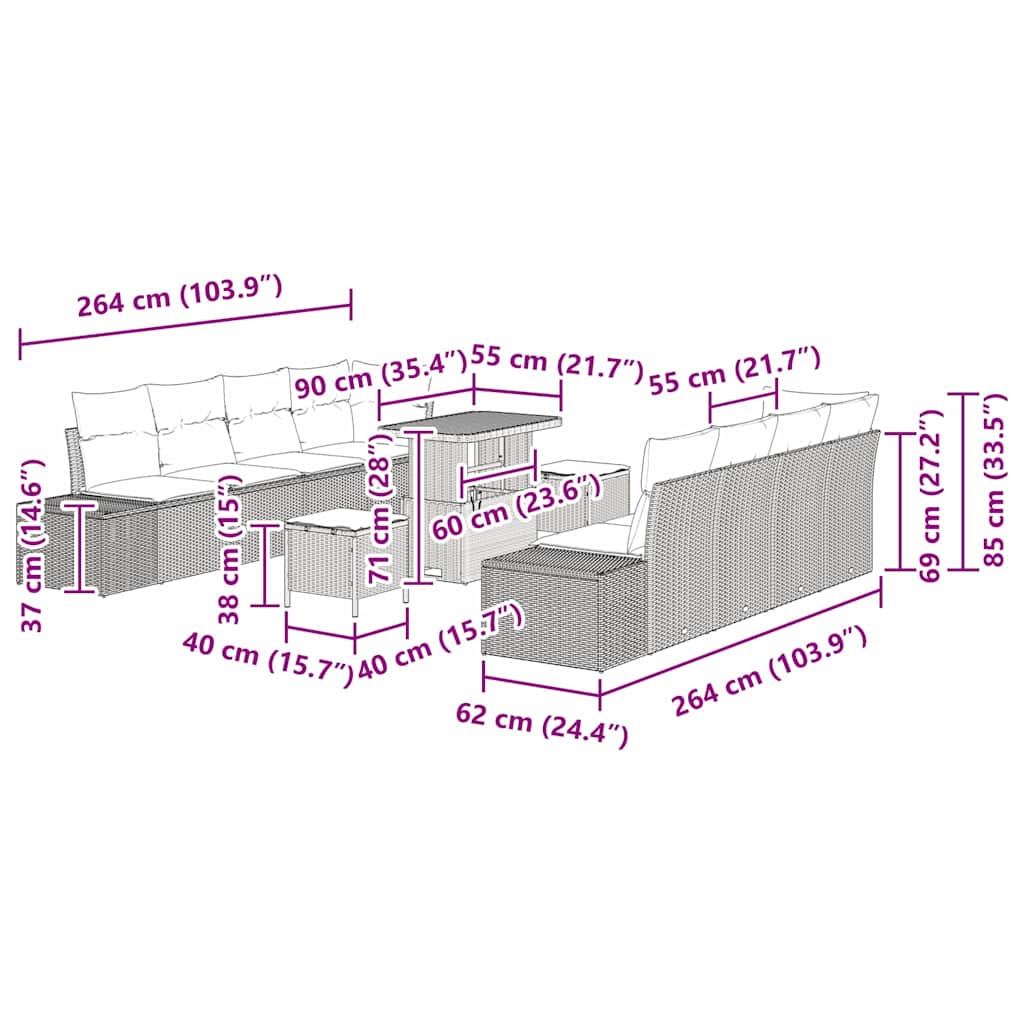 vidaXL 11 Piece Garden Sofa Set with Cushions Γκρι Πολυ Ρατάν Ακακία