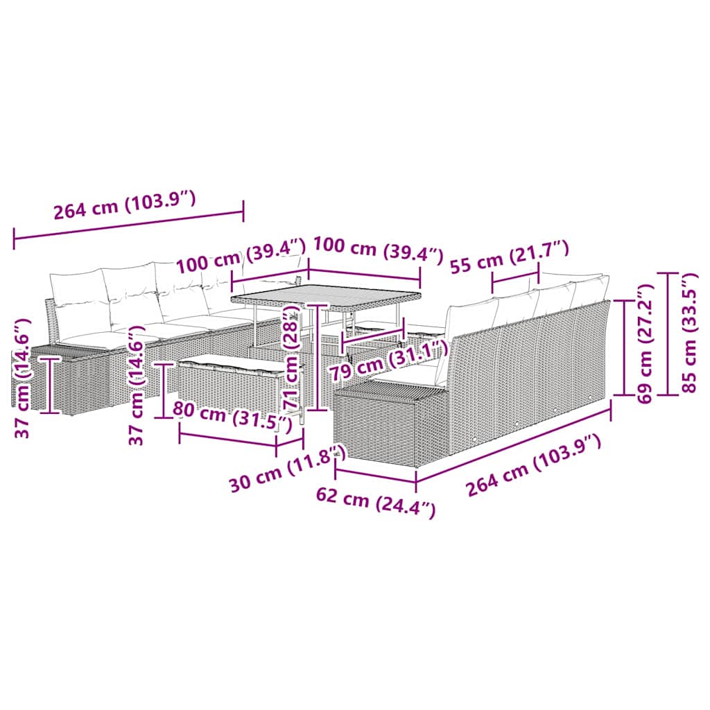 Σετ καναπέ κήπου 11 κομματιών με μαξιλάρια μαύρο πολυ rattan
