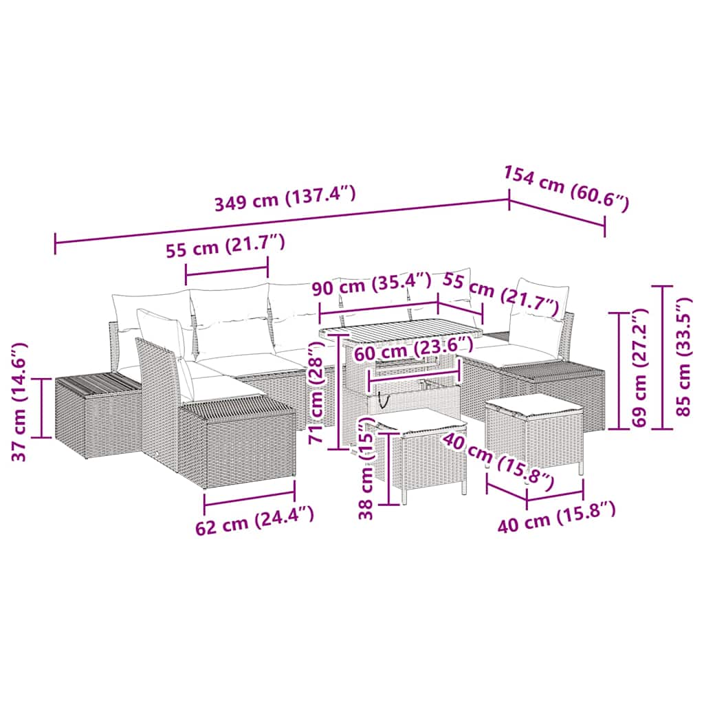 vidaXL 10 τεμαχίων Σετ Καναπέ Κήπου με Μαξιλάρια Γκρι Πολυρατάν Ακακία