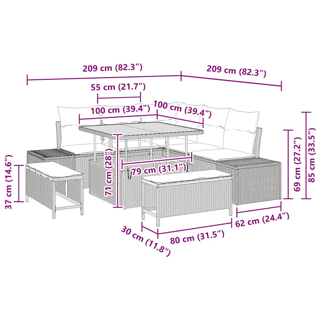 vidaXL Σετ Καναπέ Κήπου 8 Τεμαχίων με Μαξιλάρια Μαύρο Πολυ Ρατάν Ακακία