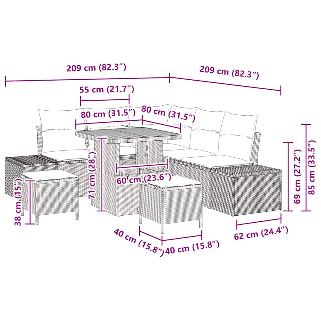 σετ σαλονιού κήπου 8 τεμαχίων με μαξιλάρια Μπεζ Πολυ Ρατάν