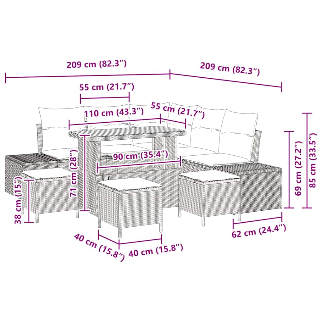 9 Τεμαχίων Σέτ Καναπέ Κήπου με Μαξιλάρια Γκρι Πολυ Ρατάν Ακακία
