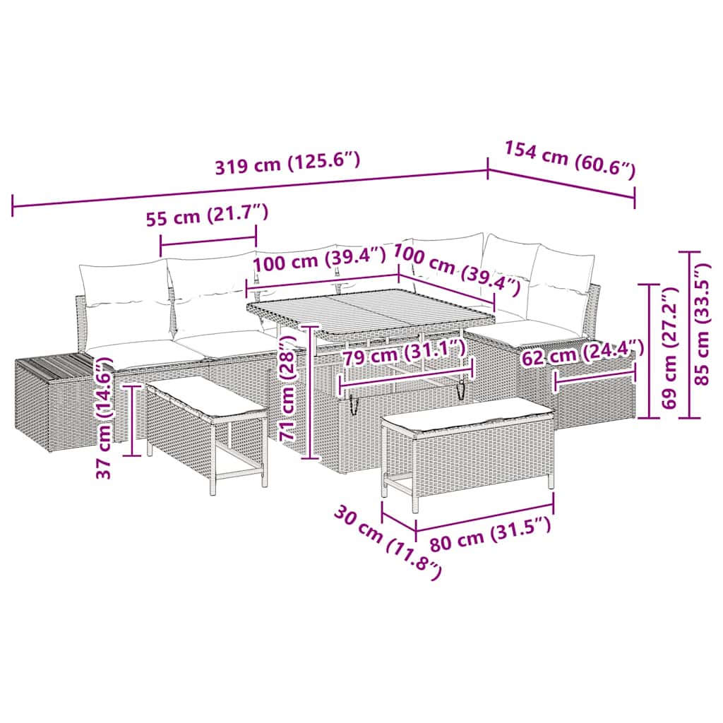 vidaXL Σετ Καθιστικού Εννέα Τεμαχίων με Μαξιλάρια Μπεζ Πολυ Ρατάν Ακακία