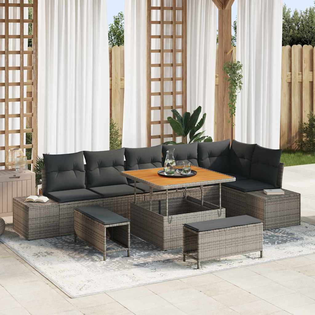 vidaXL Σετ Καναπέ Κήπου με μαξιλάρι 9 pcs Γκρι Πολυ ράταν