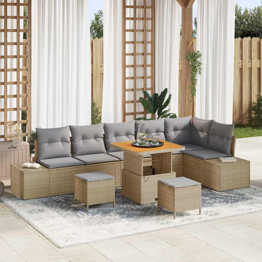 vidaXL Σετ Καναπέ Κήπου με μαξιλάρι 9 pcs Μπεζ συνθετικό ρατάν