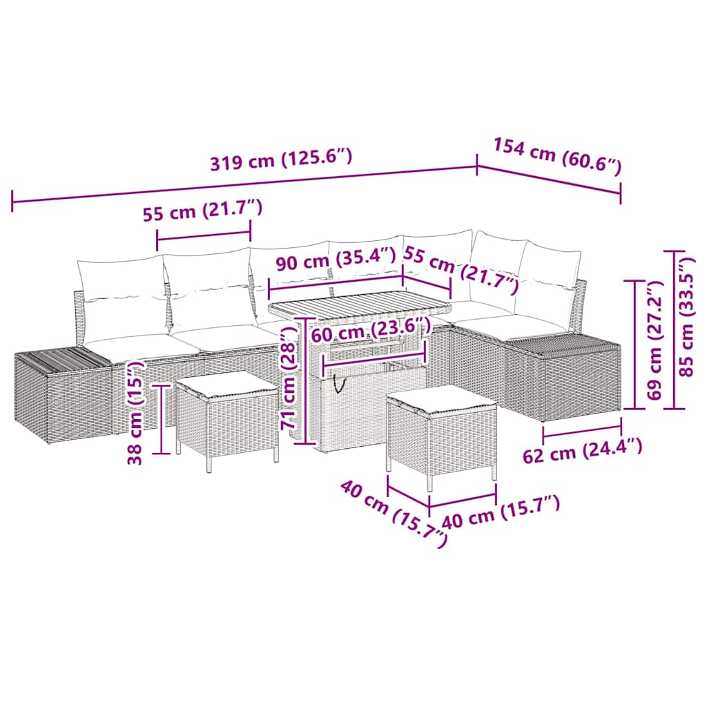 vidaXL Σετ Καναπέ Κήπου 9 Τεμαχίων με Μαξιλάρια Μαύρο Πολυ Ρατάν Ακακία
